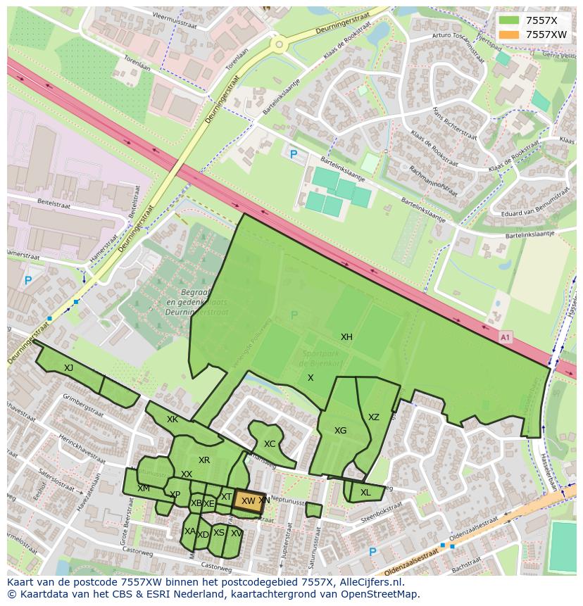 Afbeelding van het postcodegebied 7557 XW op de kaart.