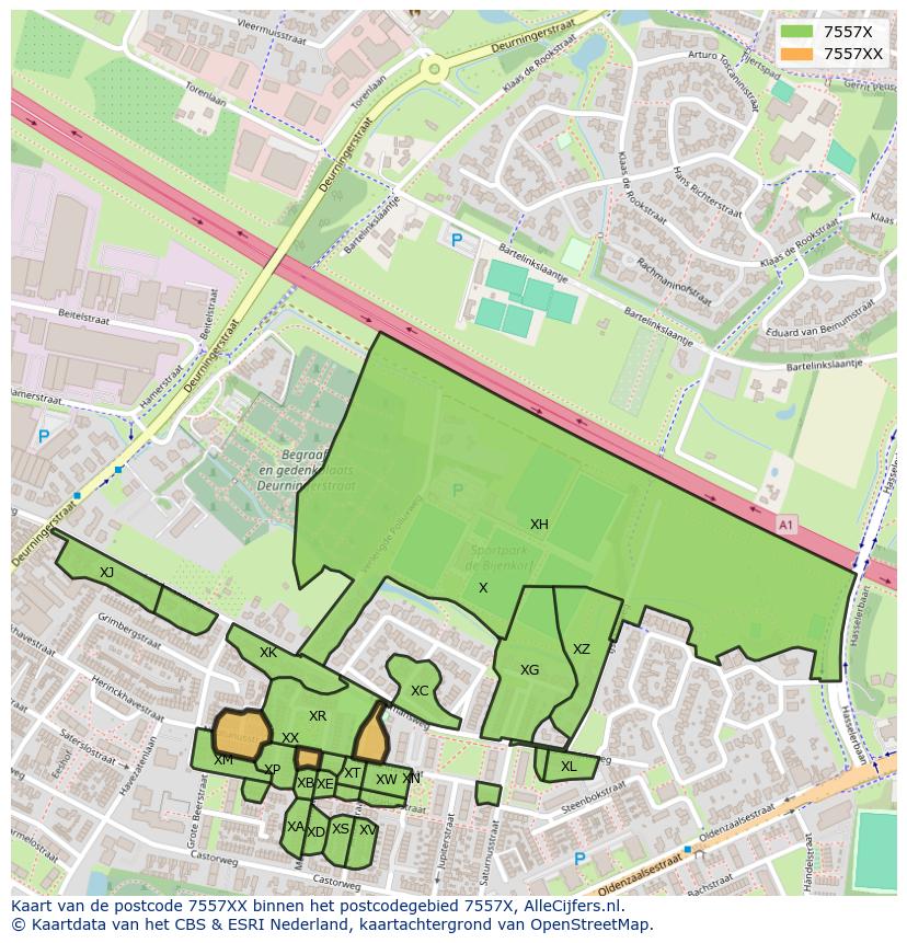 Afbeelding van het postcodegebied 7557 XX op de kaart.