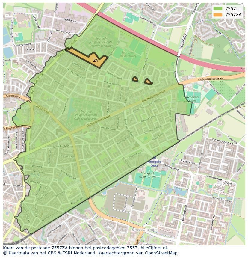 Afbeelding van het postcodegebied 7557 ZA op de kaart.
