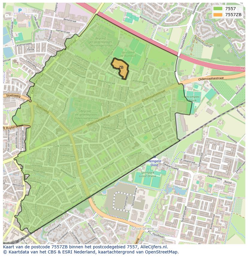 Afbeelding van het postcodegebied 7557 ZB op de kaart.