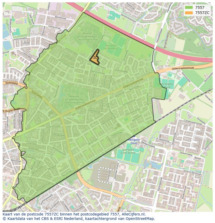 Afbeelding van het postcodegebied 7557 ZC op de kaart.