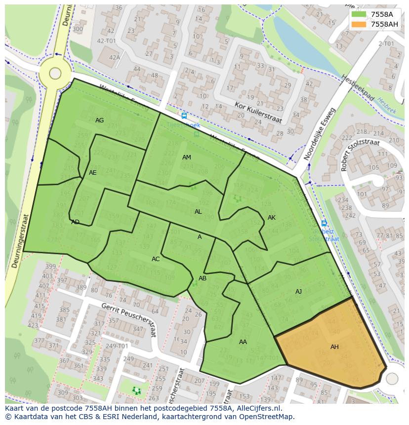 Afbeelding van het postcodegebied 7558 AH op de kaart.