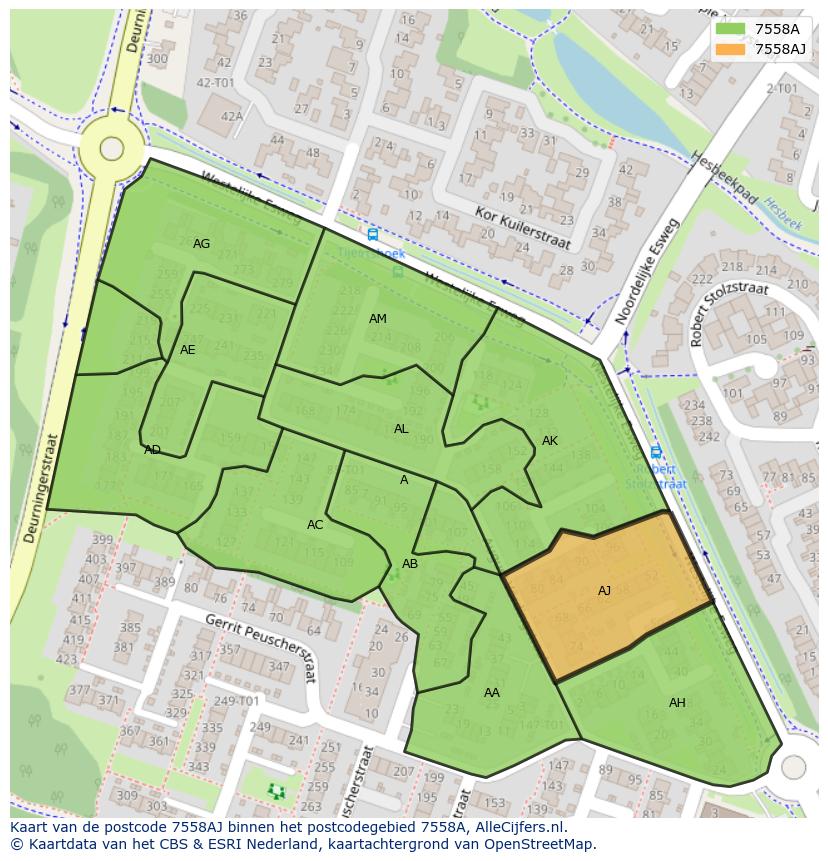 Afbeelding van het postcodegebied 7558 AJ op de kaart.