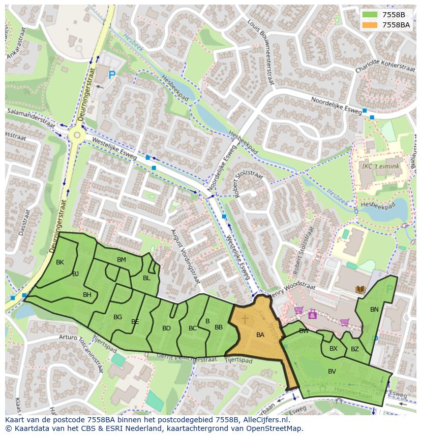 Afbeelding van het postcodegebied 7558 BA op de kaart.