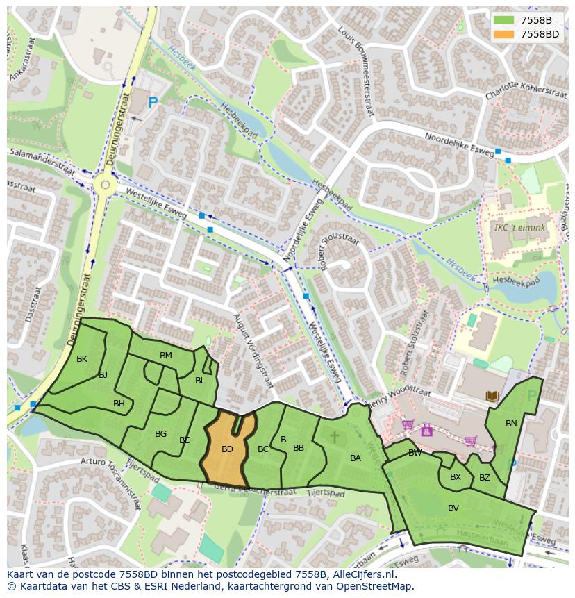 Afbeelding van het postcodegebied 7558 BD op de kaart.