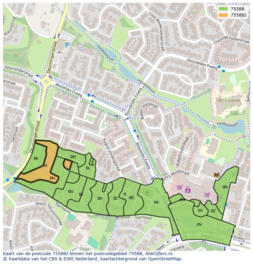 Afbeelding van het postcodegebied 7558 BJ op de kaart.