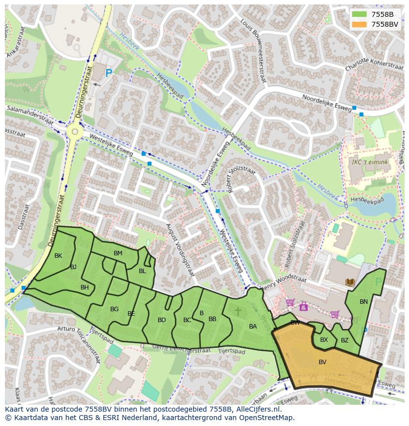 Afbeelding van het postcodegebied 7558 BV op de kaart.
