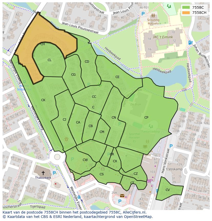 Afbeelding van het postcodegebied 7558 CH op de kaart.
