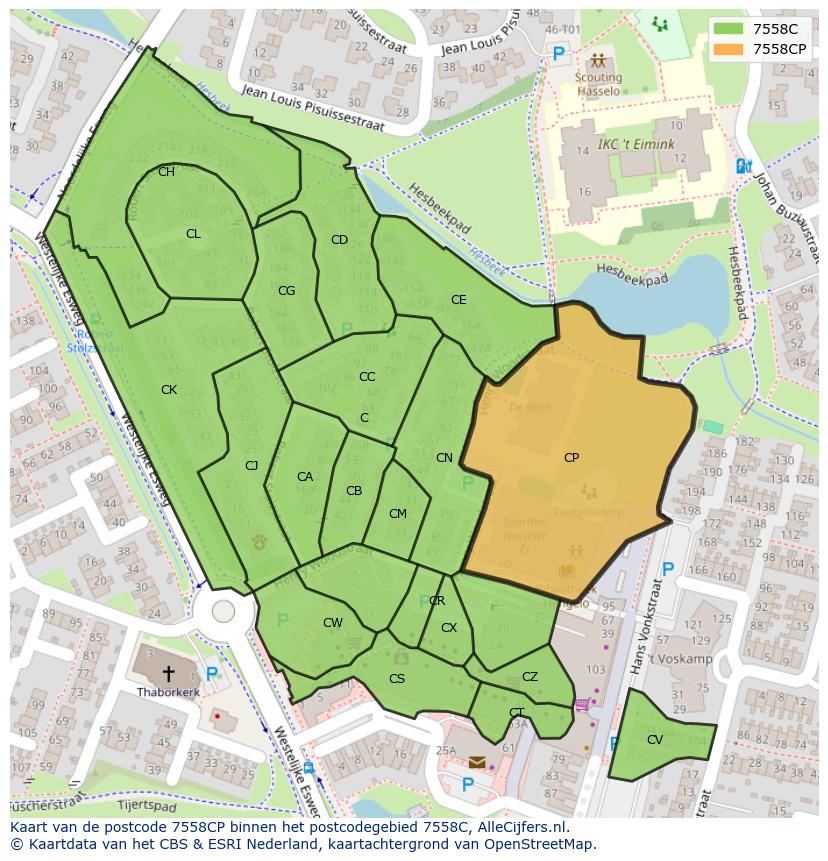 Afbeelding van het postcodegebied 7558 CP op de kaart.