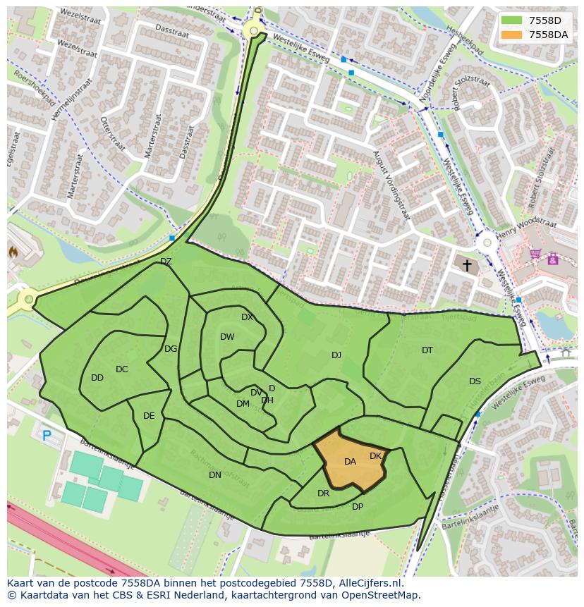 Afbeelding van het postcodegebied 7558 DA op de kaart.