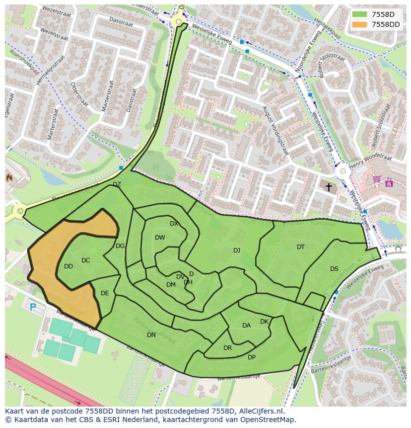 Afbeelding van het postcodegebied 7558 DD op de kaart.