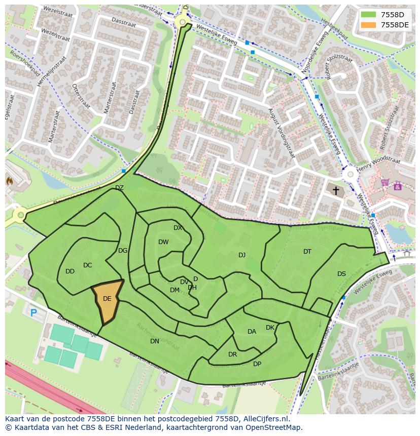 Afbeelding van het postcodegebied 7558 DE op de kaart.