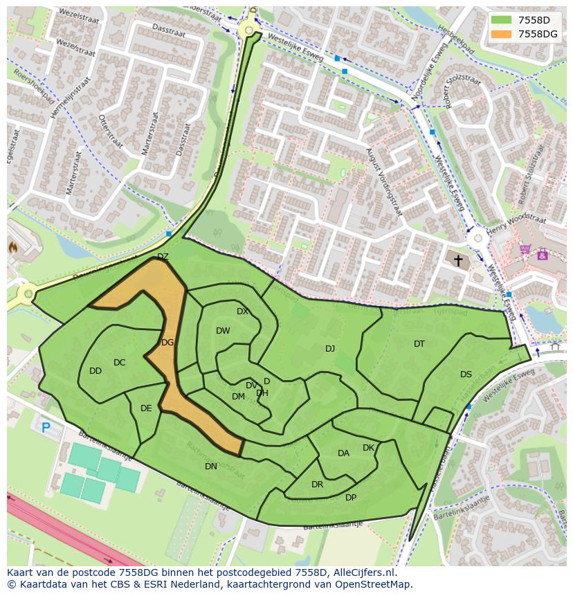 Afbeelding van het postcodegebied 7558 DG op de kaart.