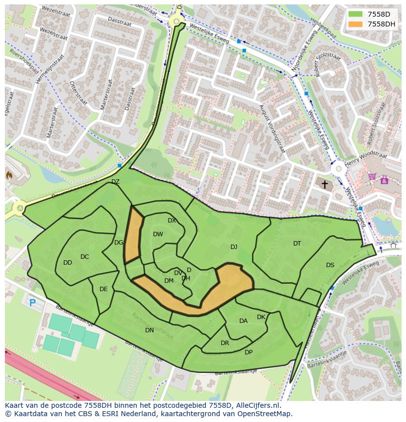 Afbeelding van het postcodegebied 7558 DH op de kaart.