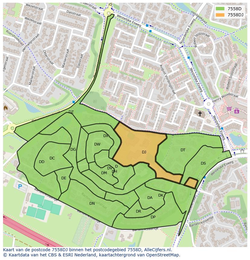 Afbeelding van het postcodegebied 7558 DJ op de kaart.