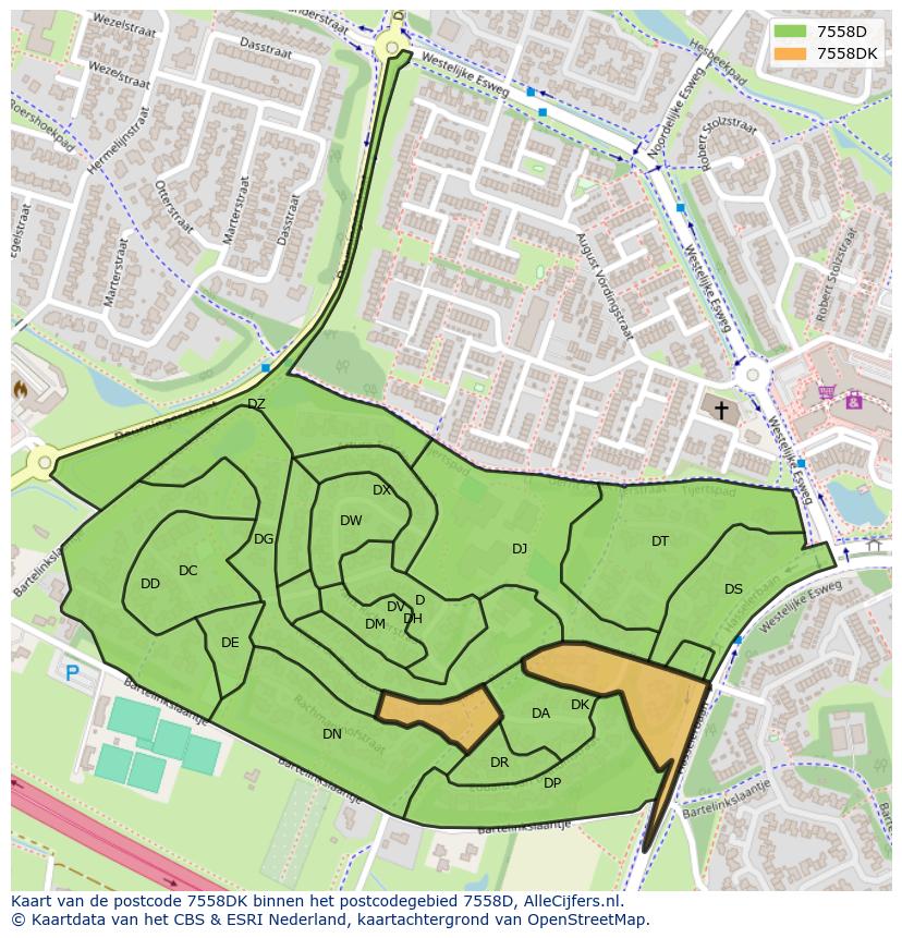 Afbeelding van het postcodegebied 7558 DK op de kaart.