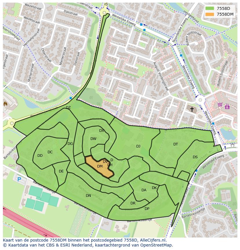 Afbeelding van het postcodegebied 7558 DM op de kaart.