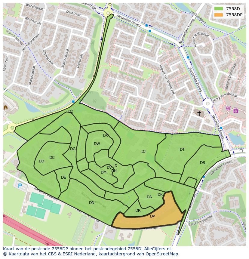Afbeelding van het postcodegebied 7558 DP op de kaart.