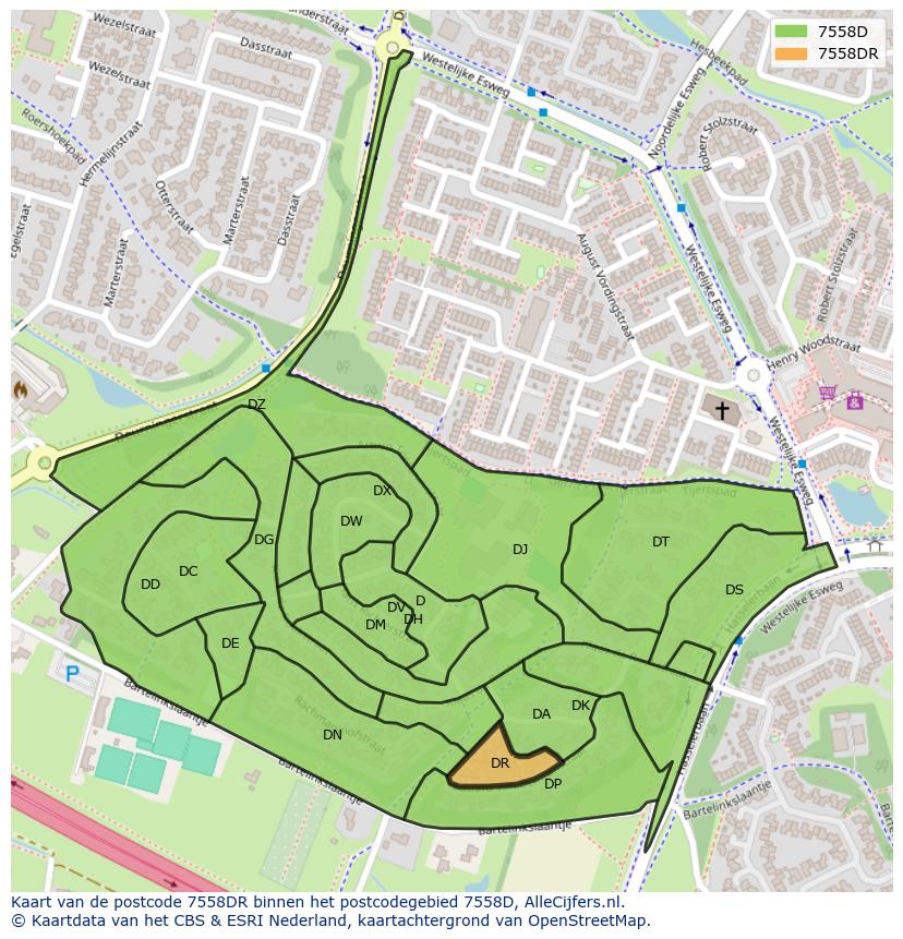 Afbeelding van het postcodegebied 7558 DR op de kaart.