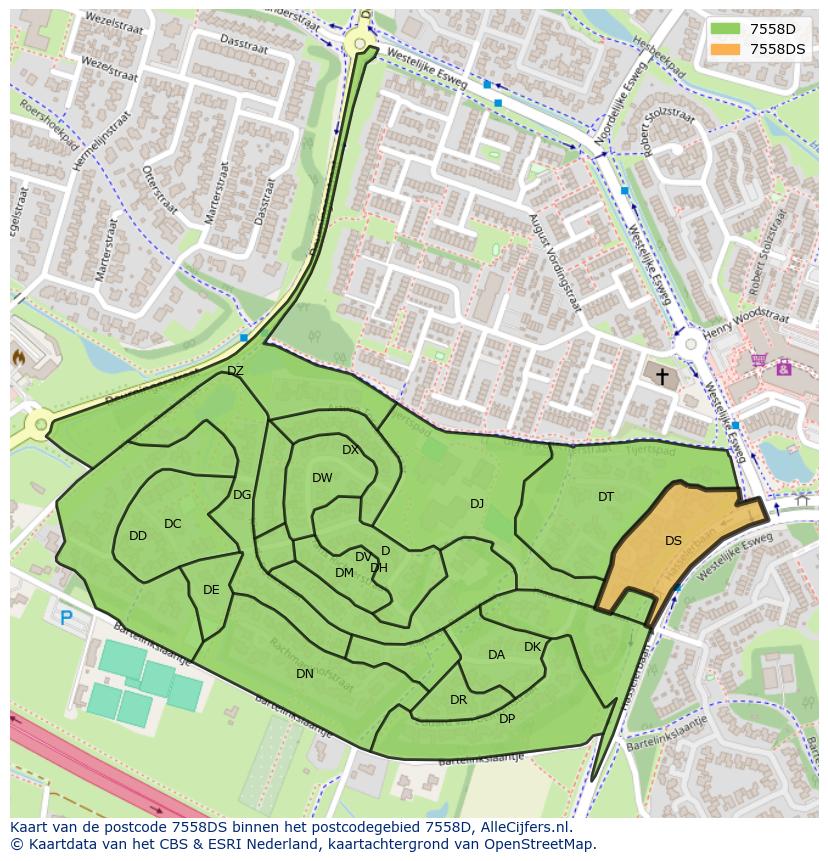 Afbeelding van het postcodegebied 7558 DS op de kaart.
