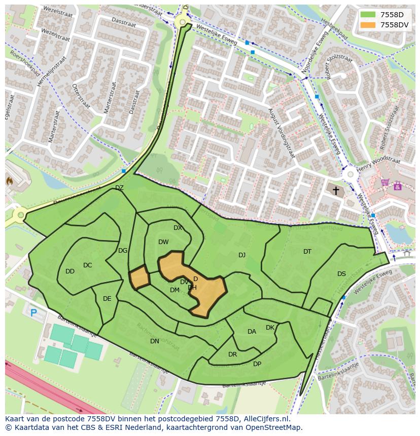 Afbeelding van het postcodegebied 7558 DV op de kaart.