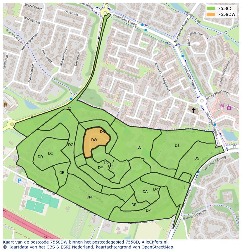 Afbeelding van het postcodegebied 7558 DW op de kaart.