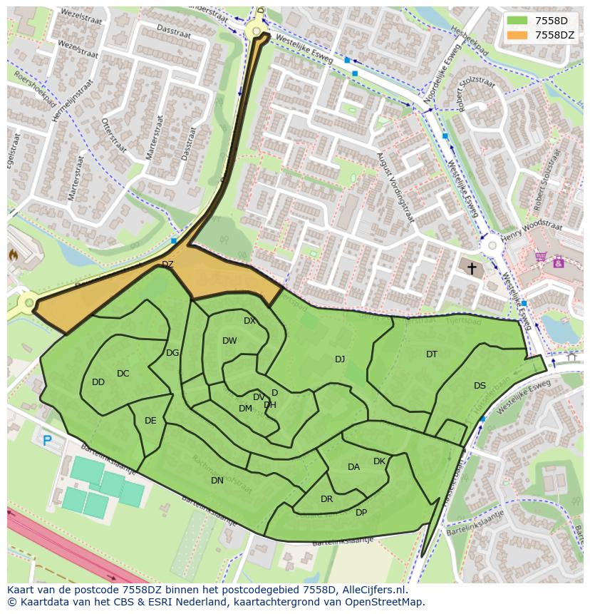 Afbeelding van het postcodegebied 7558 DZ op de kaart.