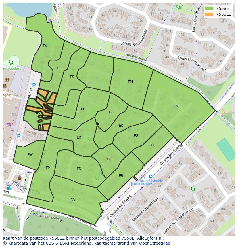 Afbeelding van het postcodegebied 7558 EZ op de kaart.