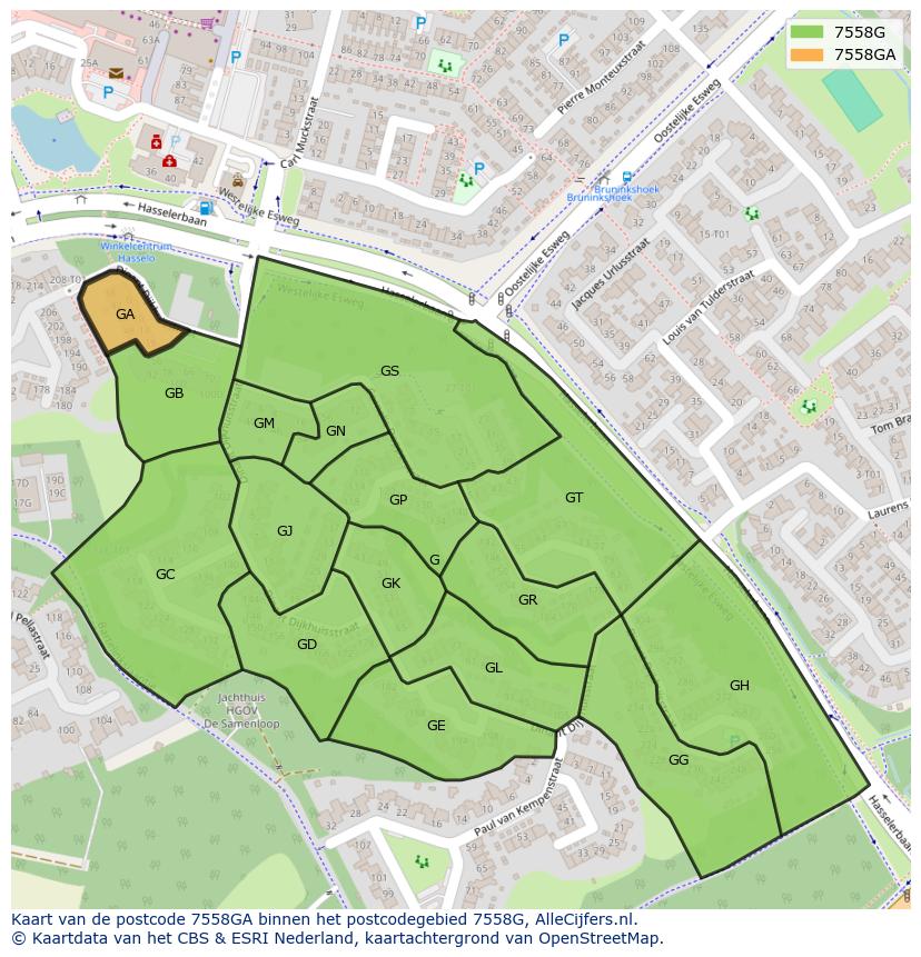 Afbeelding van het postcodegebied 7558 GA op de kaart.