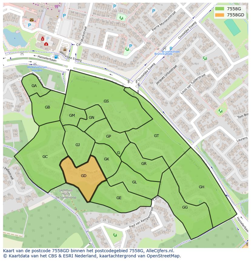 Afbeelding van het postcodegebied 7558 GD op de kaart.