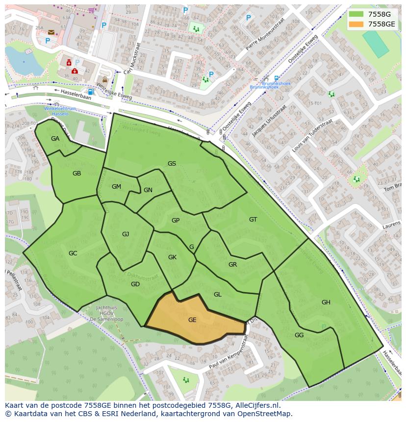 Afbeelding van het postcodegebied 7558 GE op de kaart.
