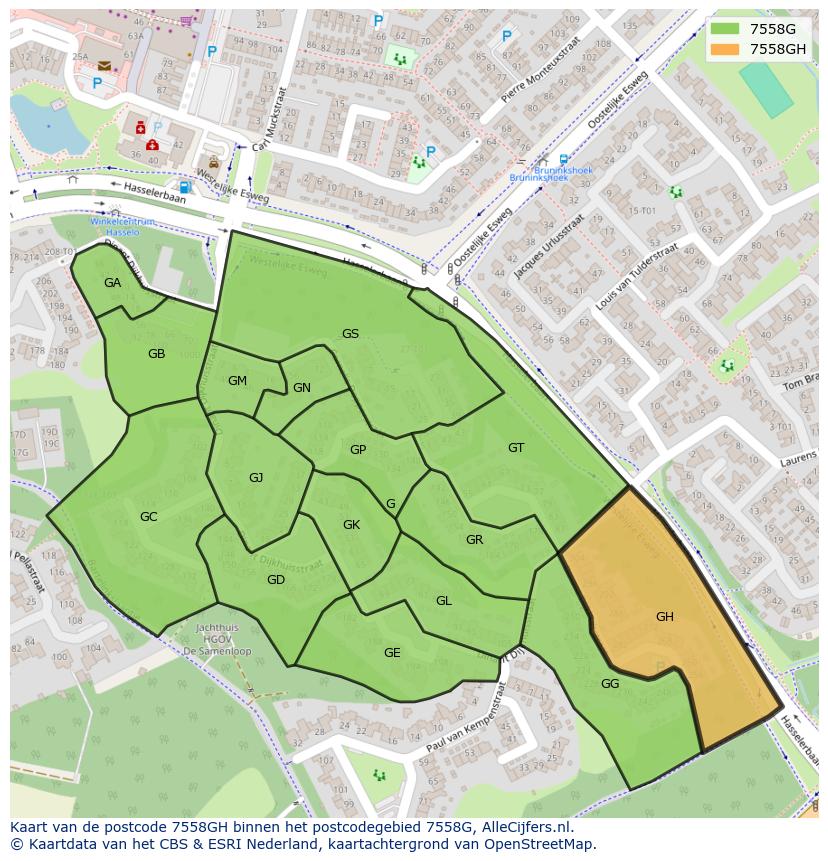 Afbeelding van het postcodegebied 7558 GH op de kaart.