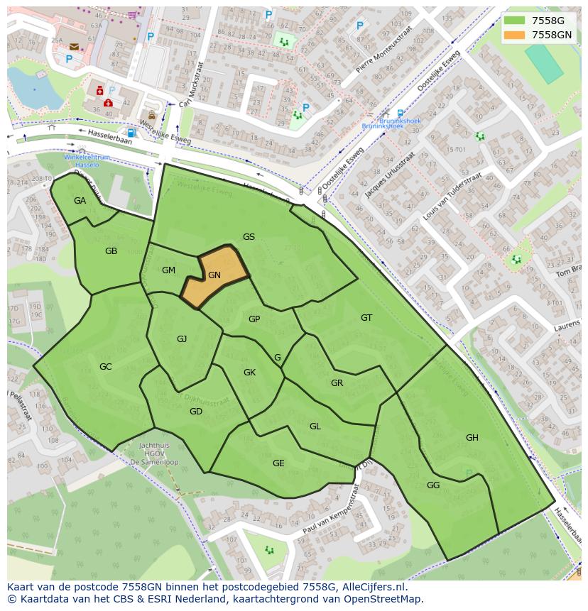 Afbeelding van het postcodegebied 7558 GN op de kaart.