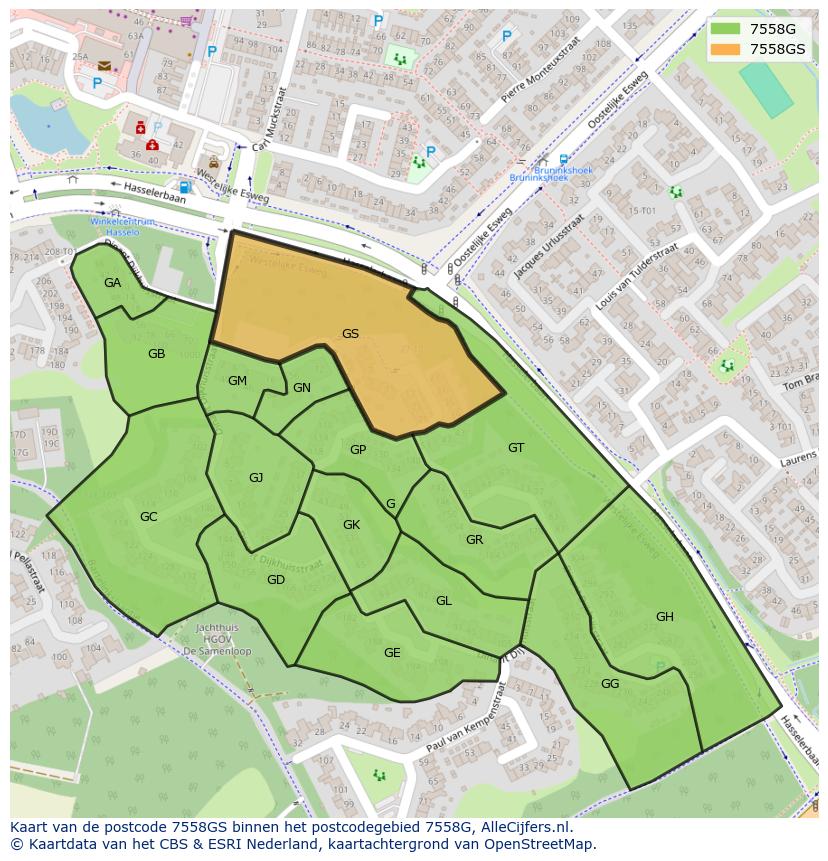 Afbeelding van het postcodegebied 7558 GS op de kaart.