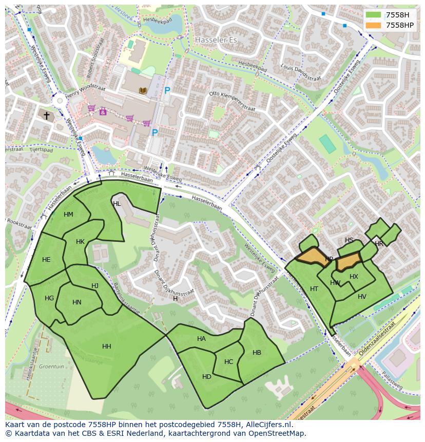 Afbeelding van het postcodegebied 7558 HP op de kaart.