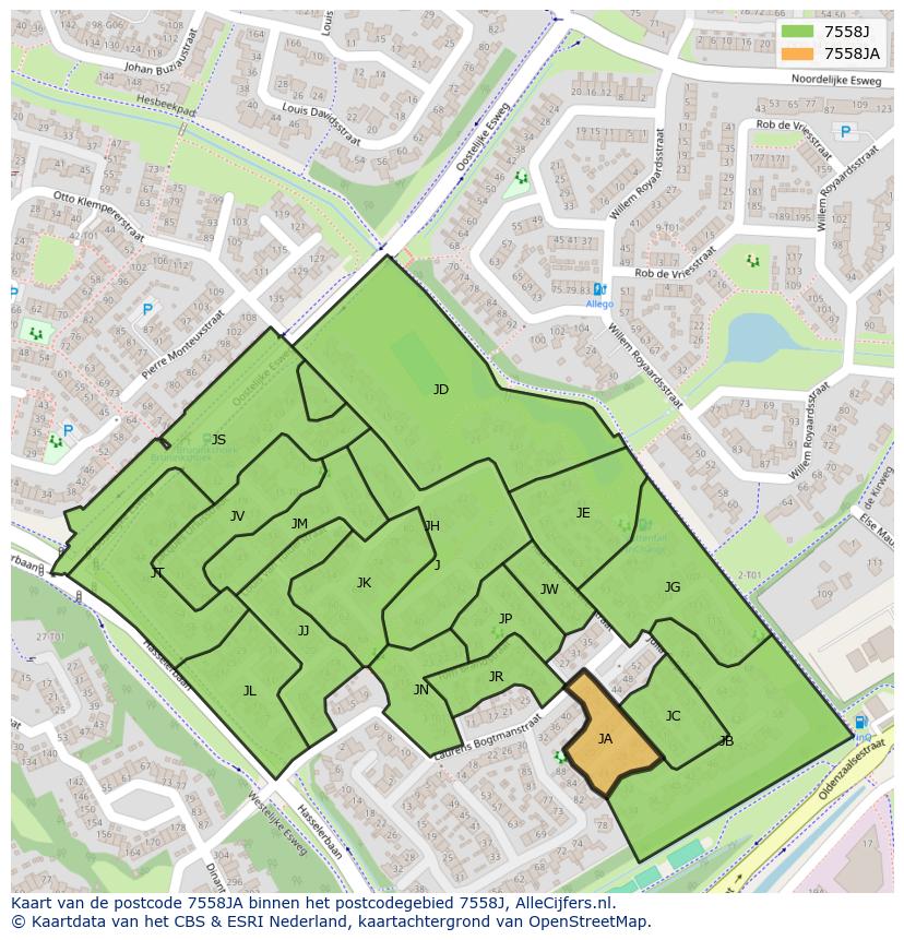 Afbeelding van het postcodegebied 7558 JA op de kaart.