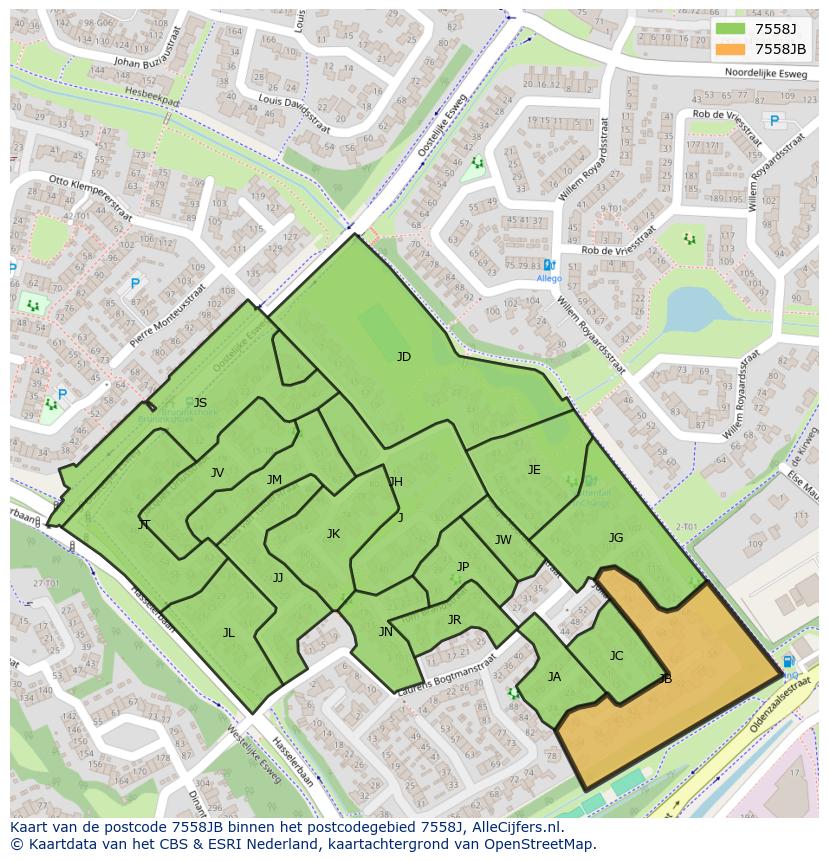 Afbeelding van het postcodegebied 7558 JB op de kaart.
