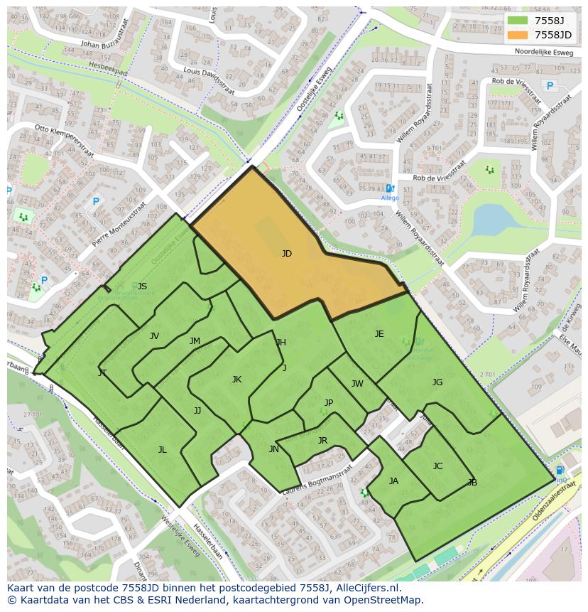 Afbeelding van het postcodegebied 7558 JD op de kaart.