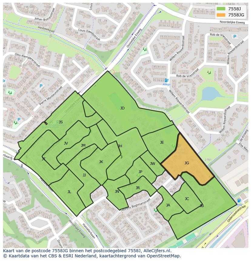 Afbeelding van het postcodegebied 7558 JG op de kaart.