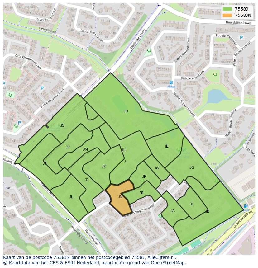 Afbeelding van het postcodegebied 7558 JN op de kaart.