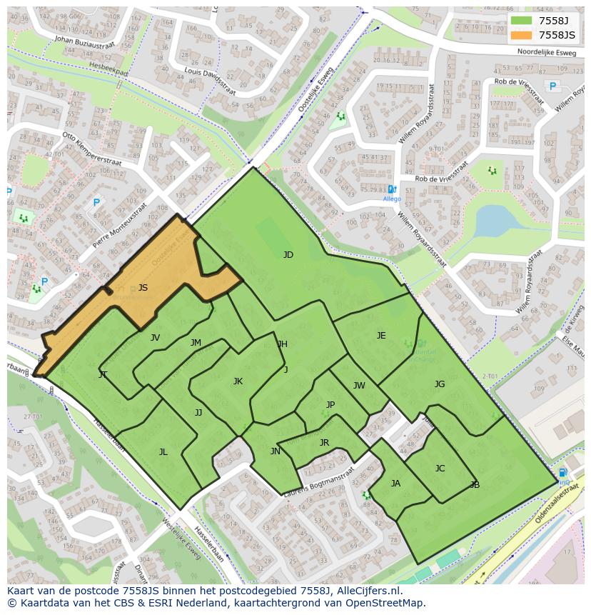 Afbeelding van het postcodegebied 7558 JS op de kaart.