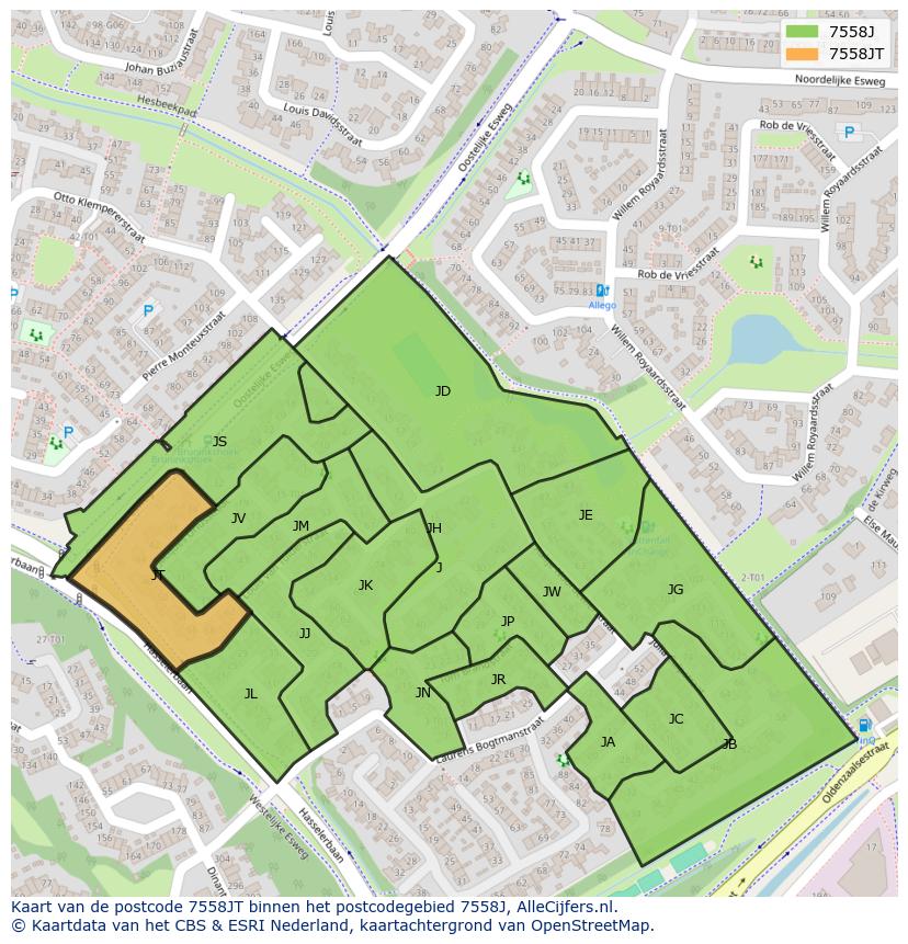 Afbeelding van het postcodegebied 7558 JT op de kaart.