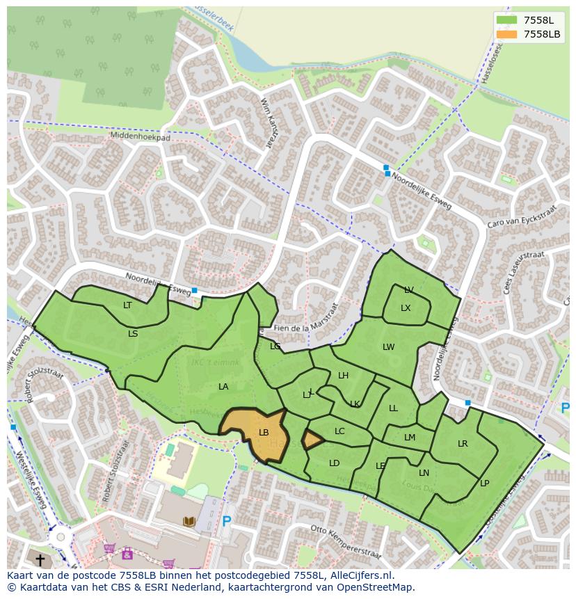 Afbeelding van het postcodegebied 7558 LB op de kaart.