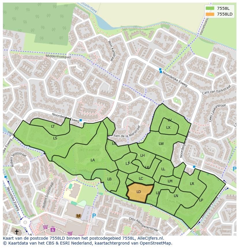 Afbeelding van het postcodegebied 7558 LD op de kaart.