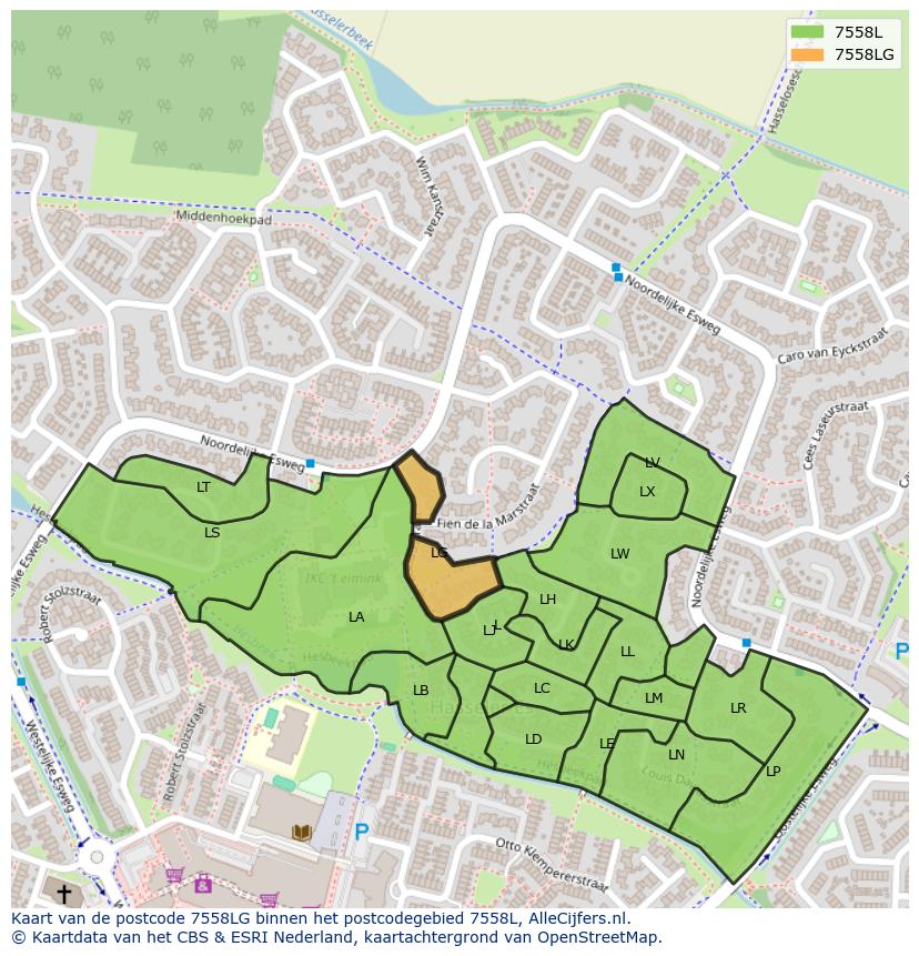 Afbeelding van het postcodegebied 7558 LG op de kaart.
