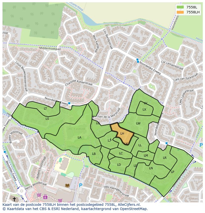 Afbeelding van het postcodegebied 7558 LH op de kaart.