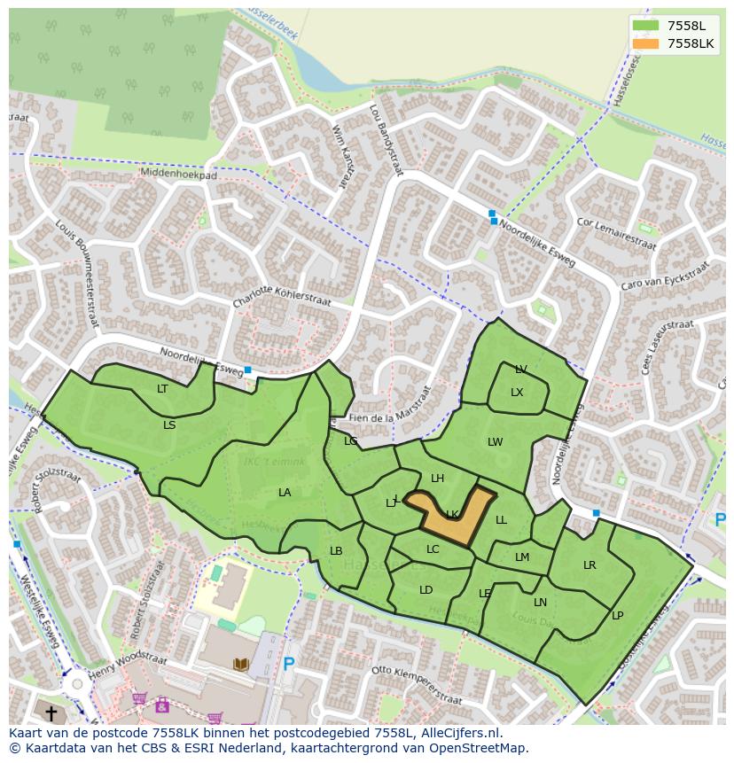 Afbeelding van het postcodegebied 7558 LK op de kaart.