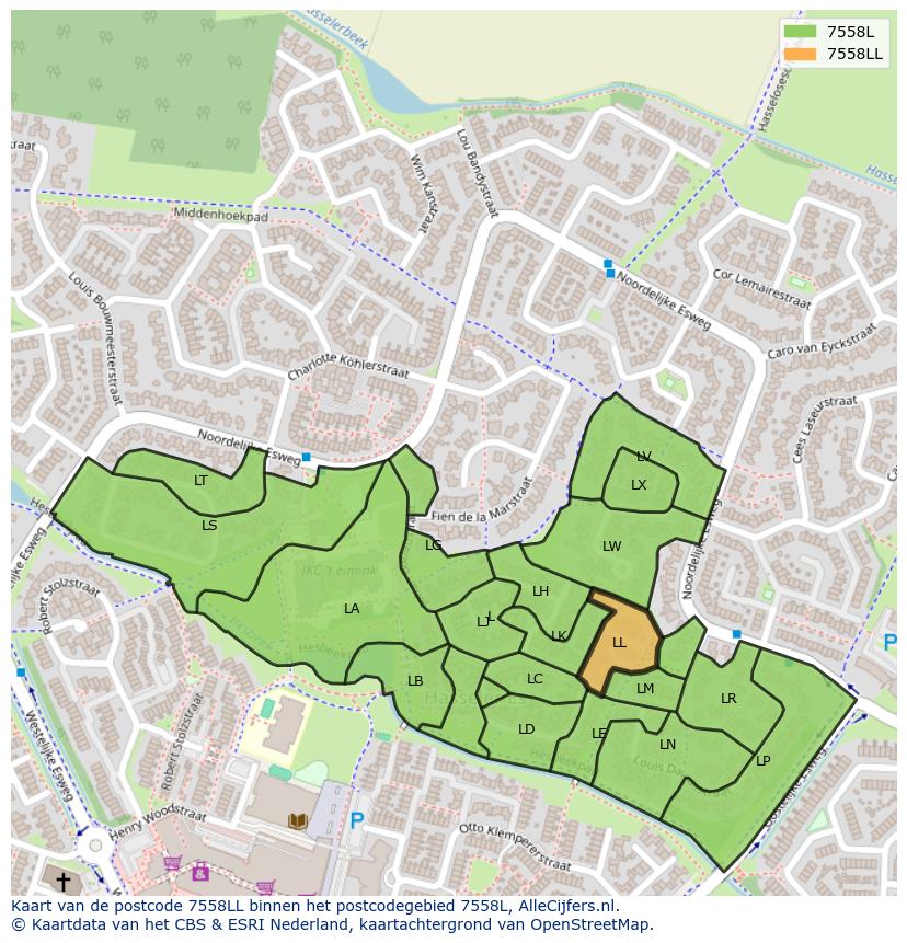 Afbeelding van het postcodegebied 7558 LL op de kaart.