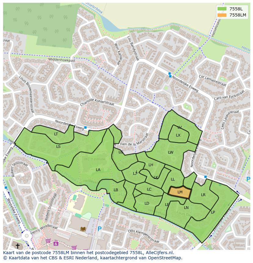 Afbeelding van het postcodegebied 7558 LM op de kaart.