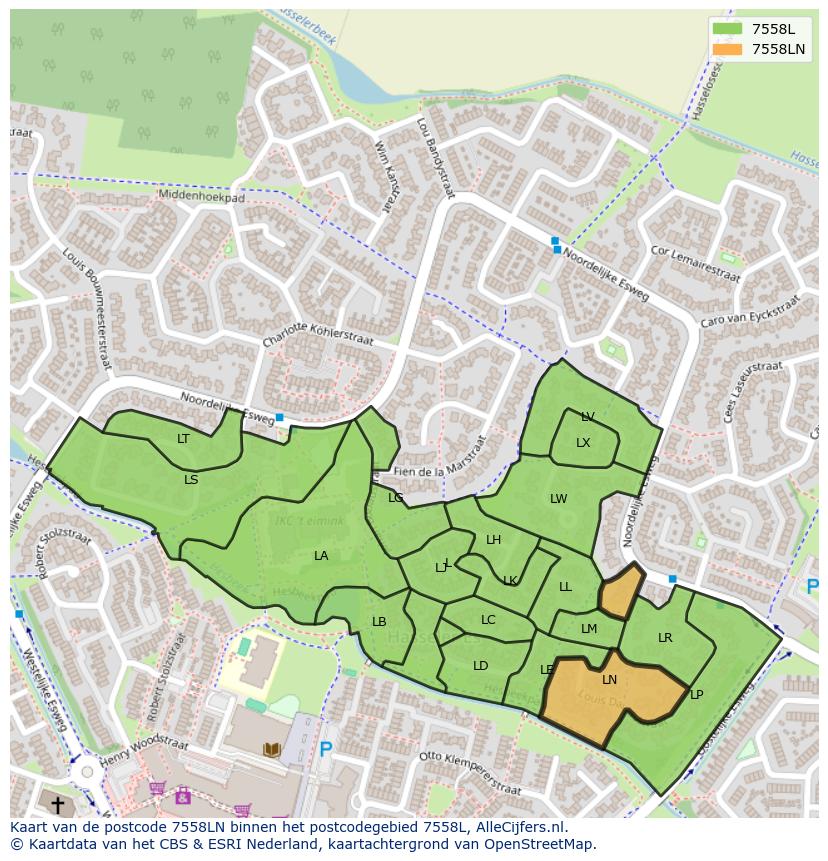 Afbeelding van het postcodegebied 7558 LN op de kaart.